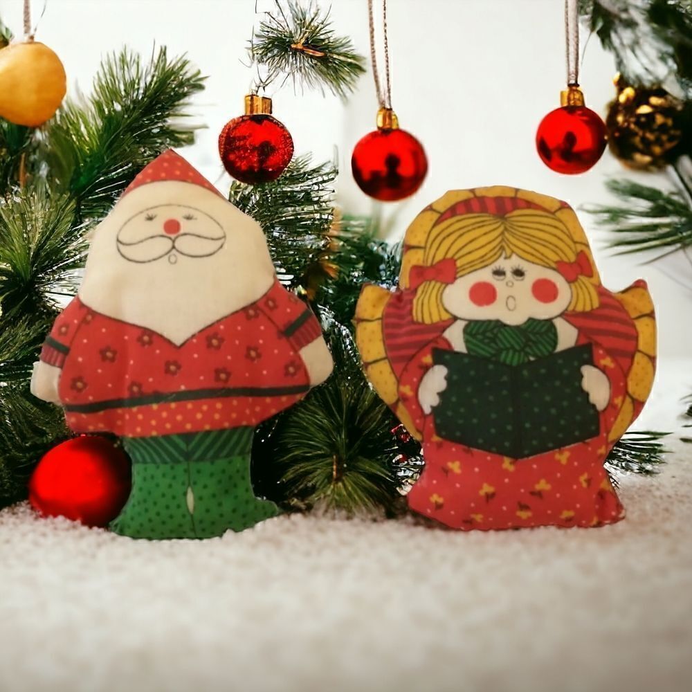 Vtg 80s Christmas Stuffed Ornament Lot of 2 Fabric Handmade Angel Santa Claus.